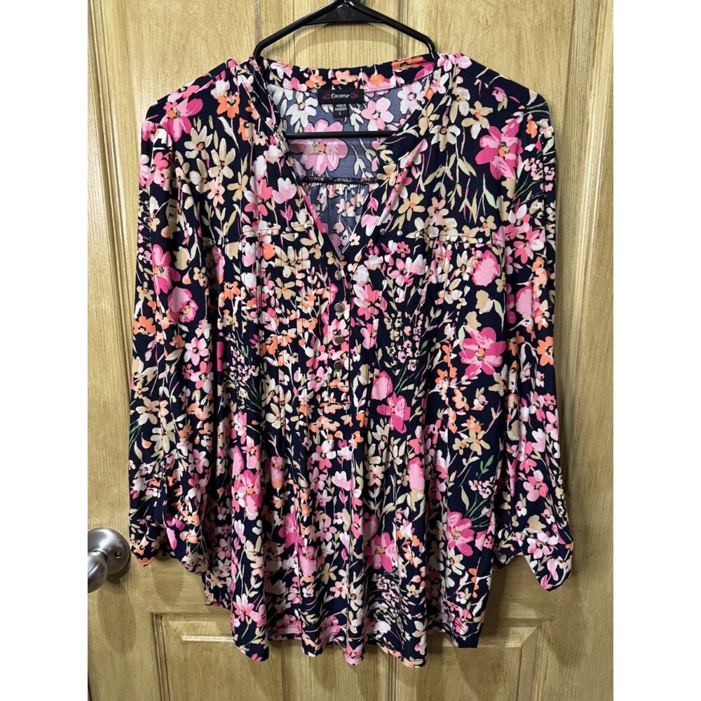 Cocomo Women’s Large Floral Tunic Blouse Navy Pink Long Sleeve Studded Boho